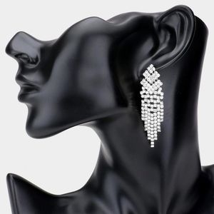 Fringe Silver Crystal Dangle Earrings 2.25" Tassel Formal Statement Accessory